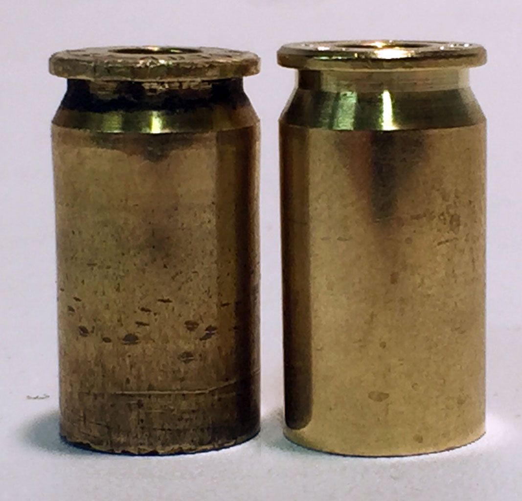Figure 4 - A many-times fired case on the left compared to a new case on the right