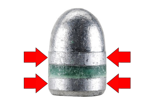 The driving bands (indicated by the arrows) on a lead bullet must be the same diameter as the bore (or slightly larger) to prevent gas cutting and barrel leading